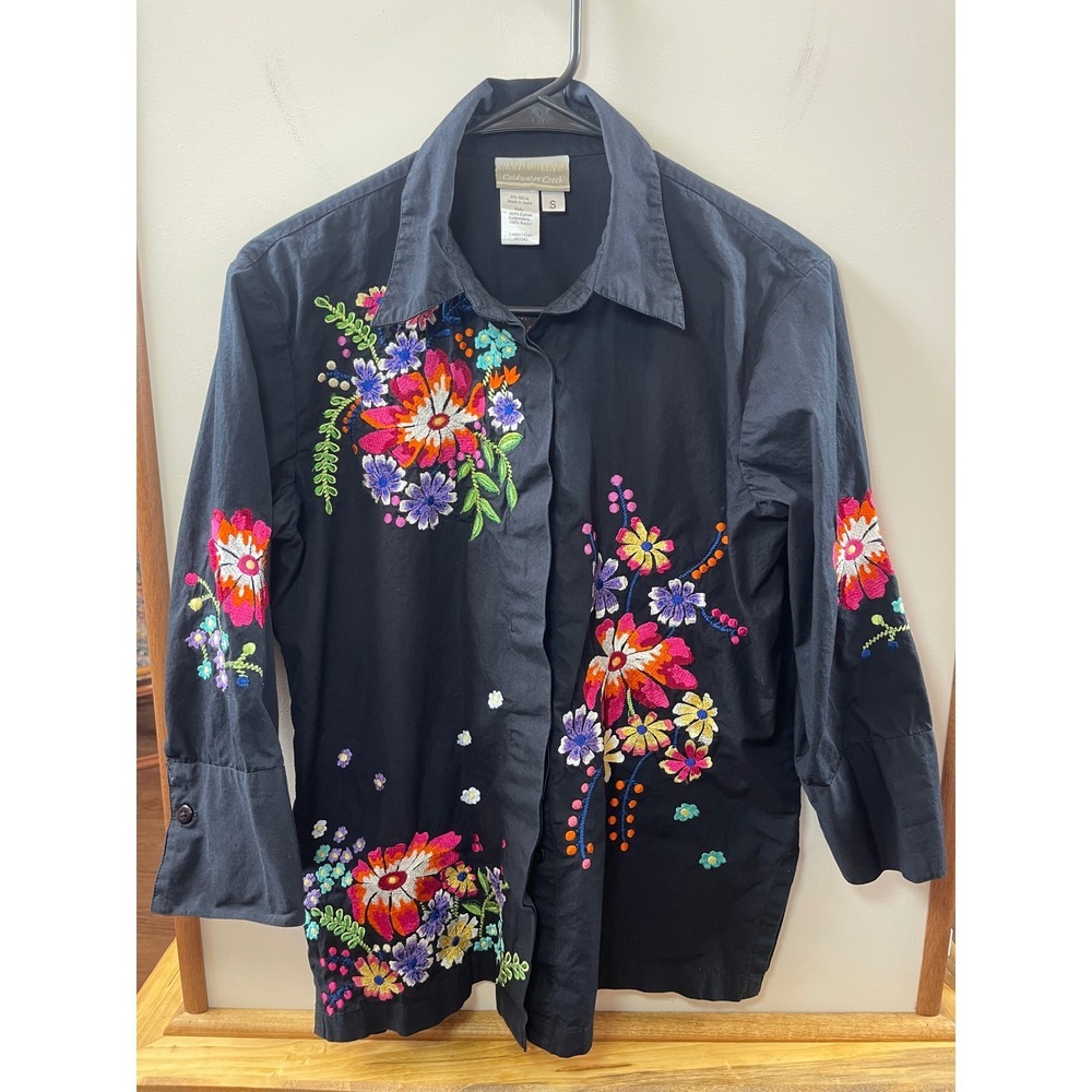 Coldwater Creek Button Down Shirt Women's S Black Floral Embroidered Cotton